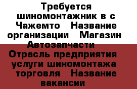 Требуется шиномонтажник в с.Чажемто › Название организации ­ Магазин “Автозапчасти“ › Отрасль предприятия ­ услуги шиномонтажа, торговля › Название вакансии ­ шиномонтажник › Место работы ­ Колпашевский район, с. Чажемто - Томская обл., Колпашевский р-н, Чажемто с. Работа » Вакансии   . Томская обл.